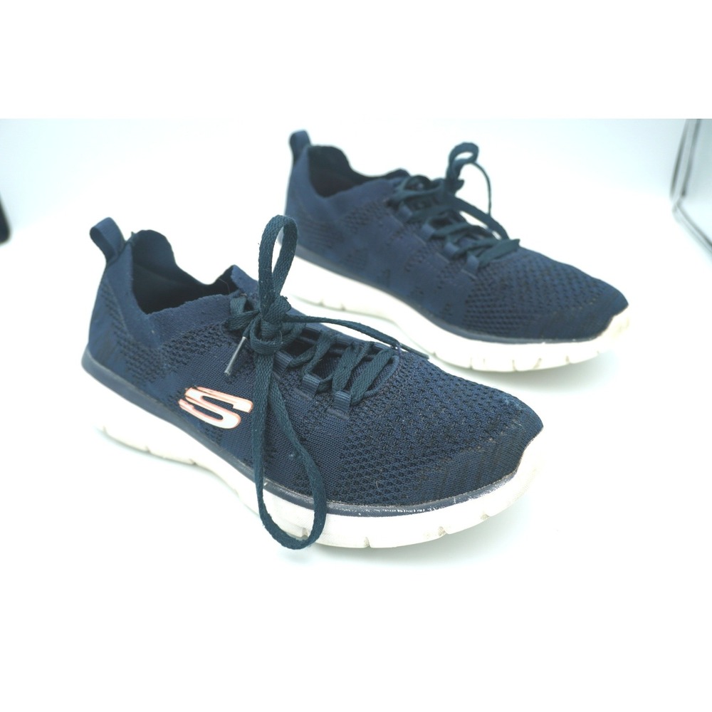 Skechers Relaxed Fit Memory Foam Shoes 8 Navy Blue Rose Gold Knit 58770R - Picture 3 of 8